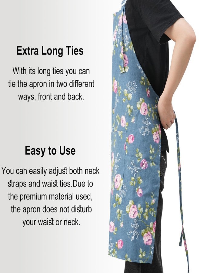 DILLMAN Aprons for Women with Pockets Cotton Linen Cooking Kitchen Baking Soft Durable Floral Gardening Apron (Blue) - Image 5